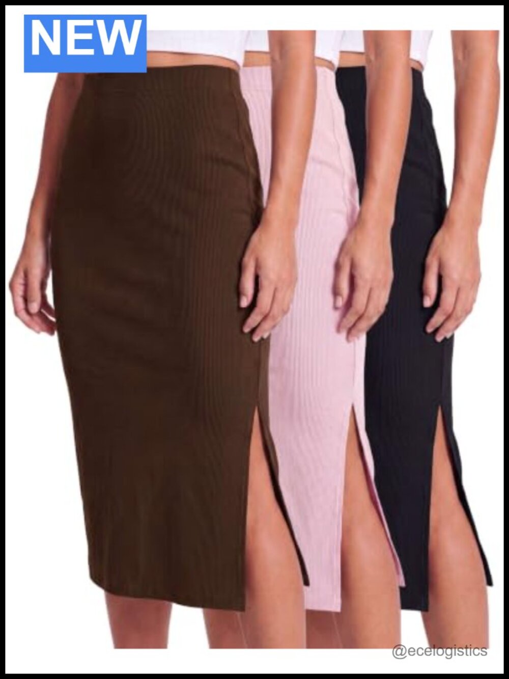 3 Pack Ribbed Stretch Knit High Waisted Midi Pencil Skirts with Back Slit Work